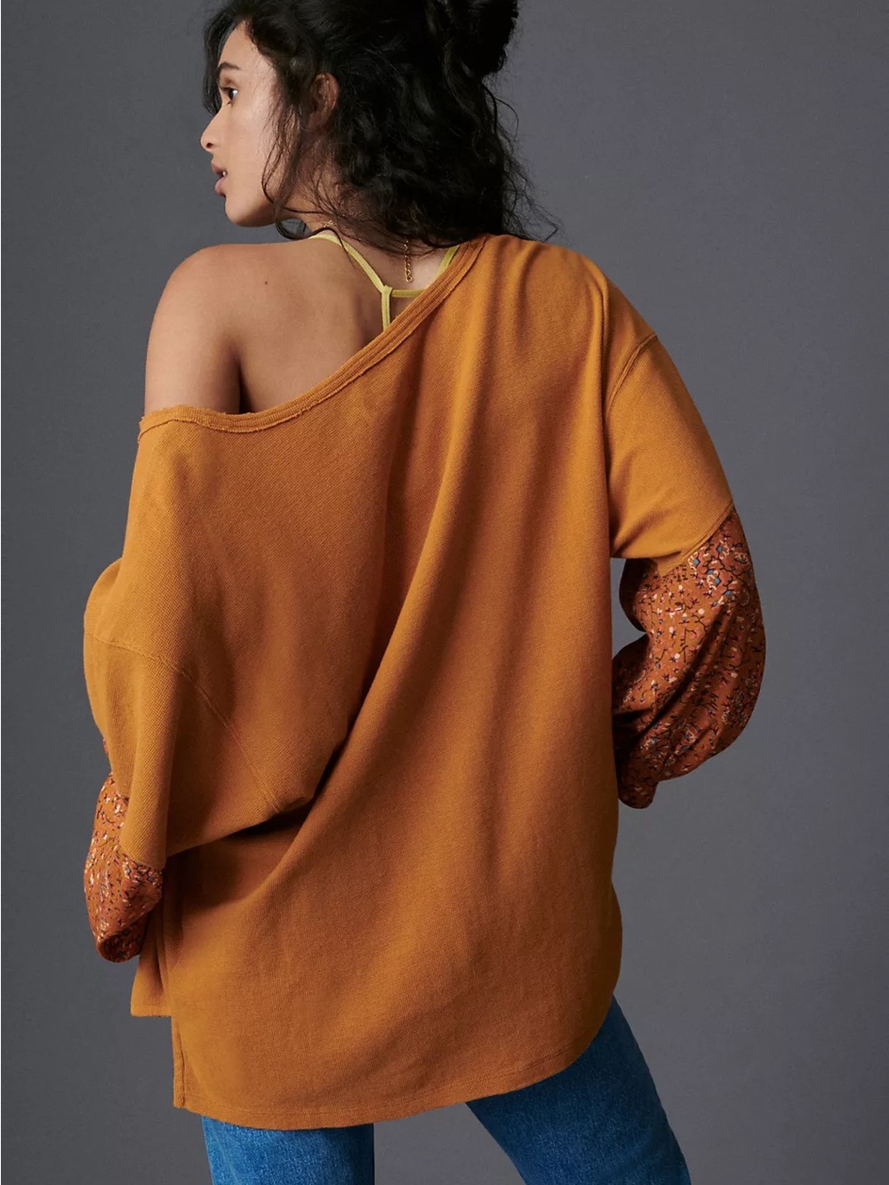 Anthropologie Rust One-Shoulder Pullover with Patterned Balloon Sleeves